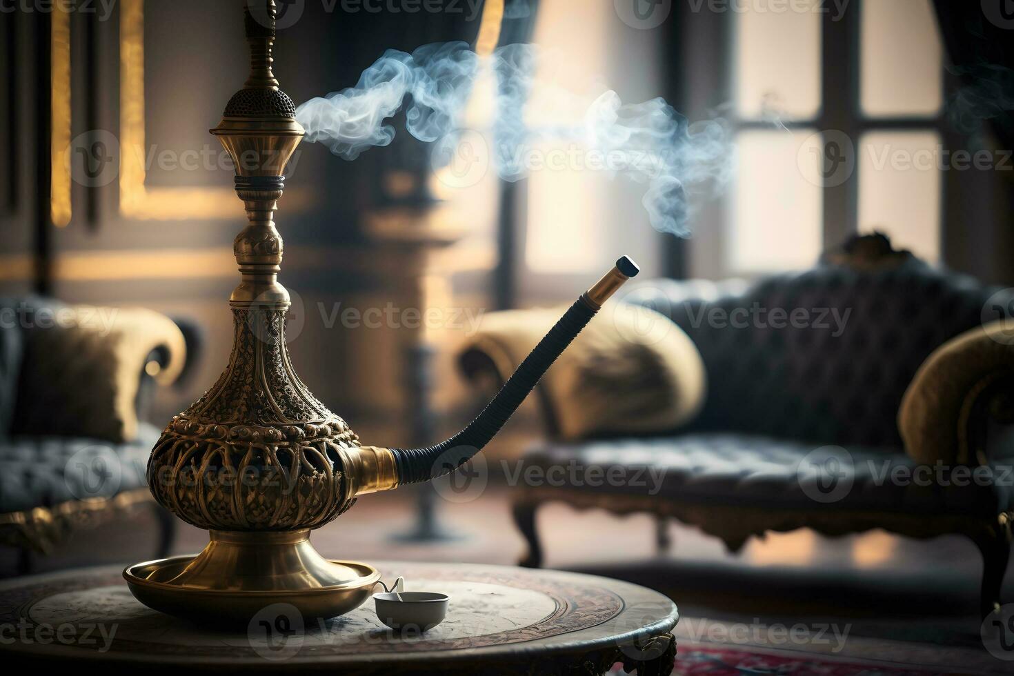 Huka im orientalisch Innere, Arabisch Restaurant. neural Netzwerk generiert Kunst foto