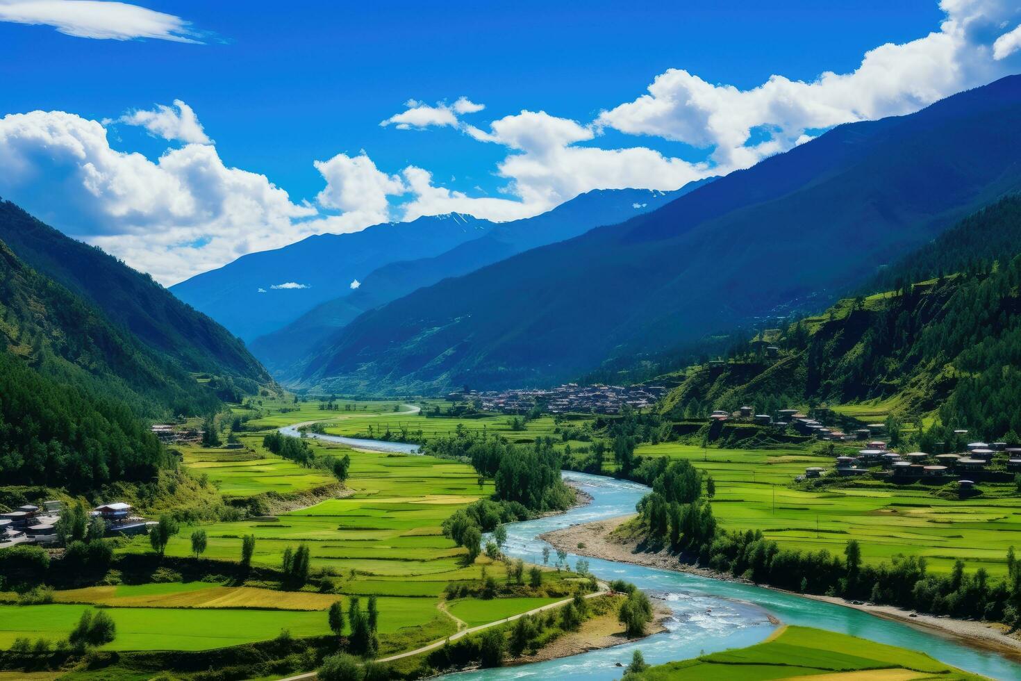 schön Aussicht von das Senke im Sichuan Provinz, China, Panorama Aussicht von paro Schlucht, Bhutan, ai generiert foto