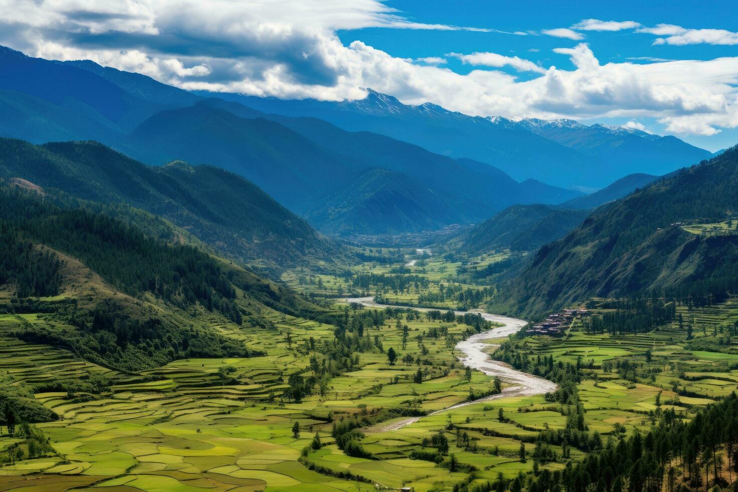 Panorama- Aussicht von das Senke und Fluss im das Himalaya, Panorama oben Aussicht von paro Senke Landschaft, Bhutan, ai generiert foto
