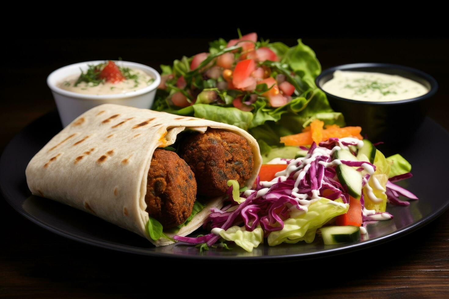 Tortilla mit Falafel, Salat und Soße auf hölzern Hintergrund, ortilla wickeln mit Falafel und frisch Salat, ai generiert foto