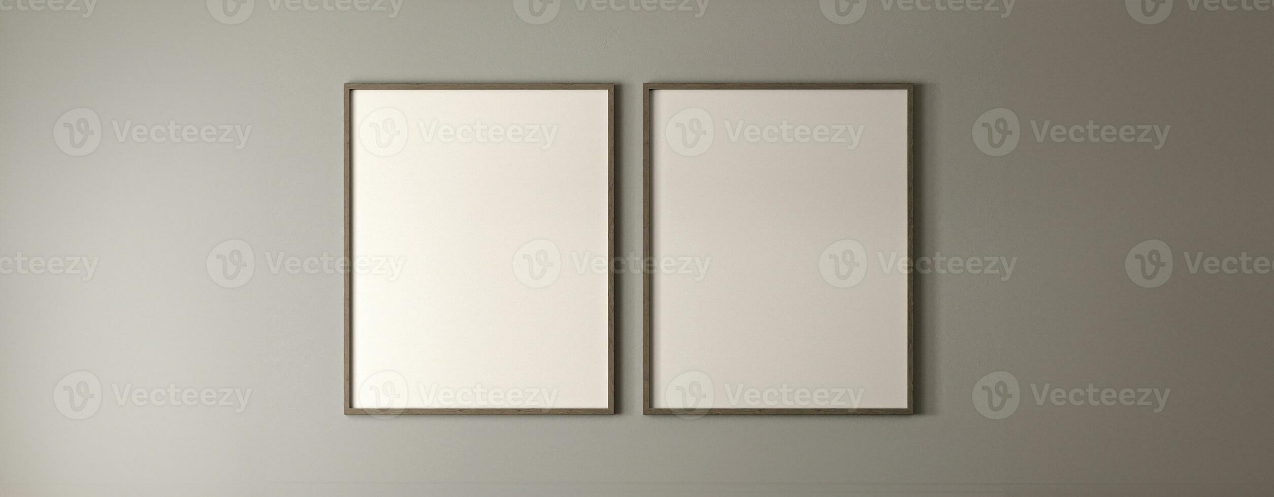 Boho grau leeren Mauer mit zwei Bild Rahmen Hintergrund. Licht modern japanisch Natur Sicht. 3d Wiedergabe. hoch Qualität 3d Illustration foto