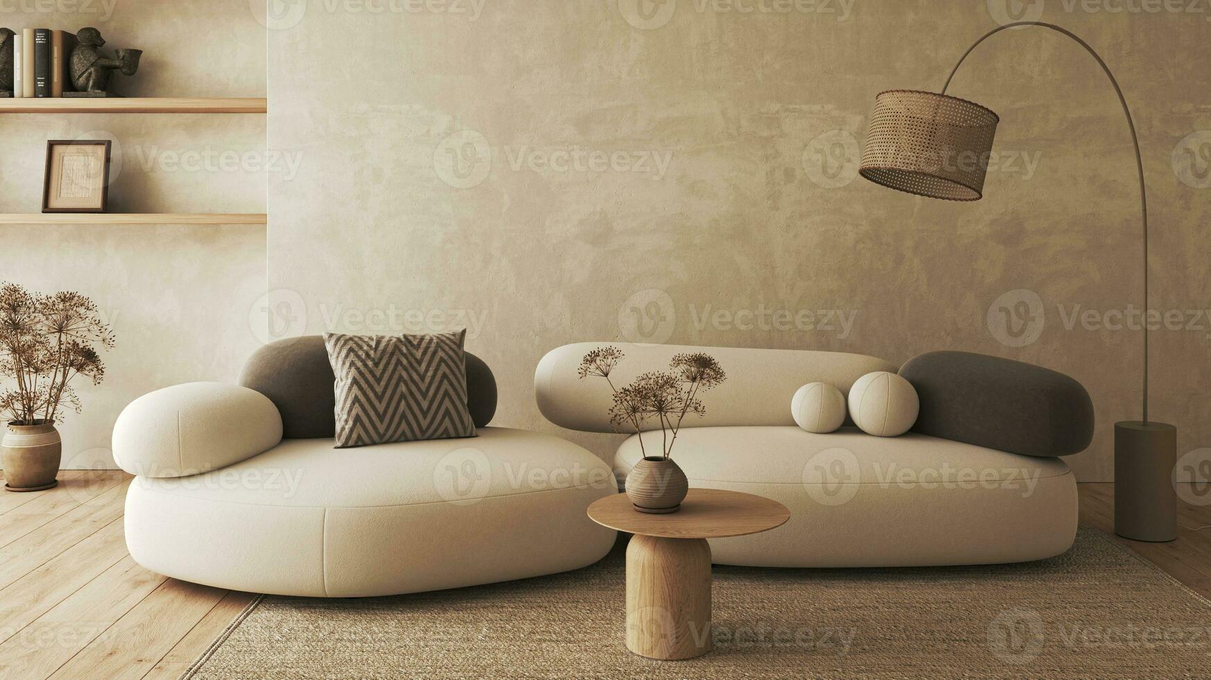 Bohemien Wohnzimmer mit Regale und Sofa Hintergrund. Licht modern Bauernhaus Natur Innere. 3d Wiedergabe. hoch Qualität 3d Illustration foto