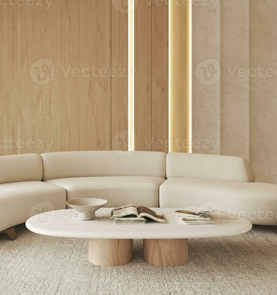 Boho Beige Wohnzimmer mit beleuchtet Paneele und Dekor Teppich Hintergrund. Licht modern japanisch Natur Sicht. 3d Wiedergabe. hoch Qualität 3d Illustration foto