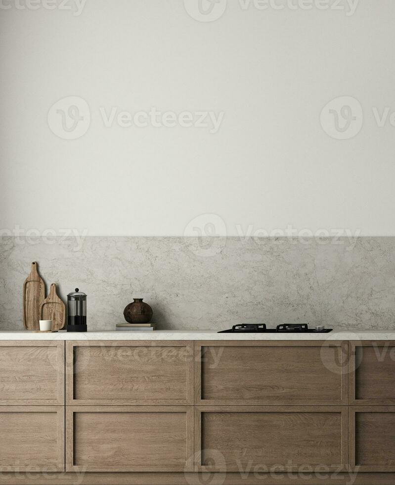 modern Stil hölzern Küche Innere Hintergrund. Natur Design mit Beige Stein Marmor. 3d Wiedergabe. hoch Qualität 3d Illustration foto