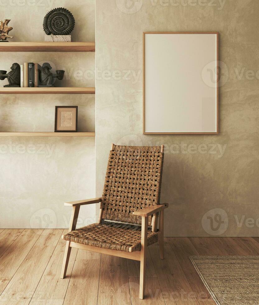 Boho Beige Wohnzimmer mit Sessel und 1 Bild Rahmen Hintergrund. Licht modern Bauernhaus Natur Innere. 3d Wiedergabe. hoch Qualität 3d Illustration foto
