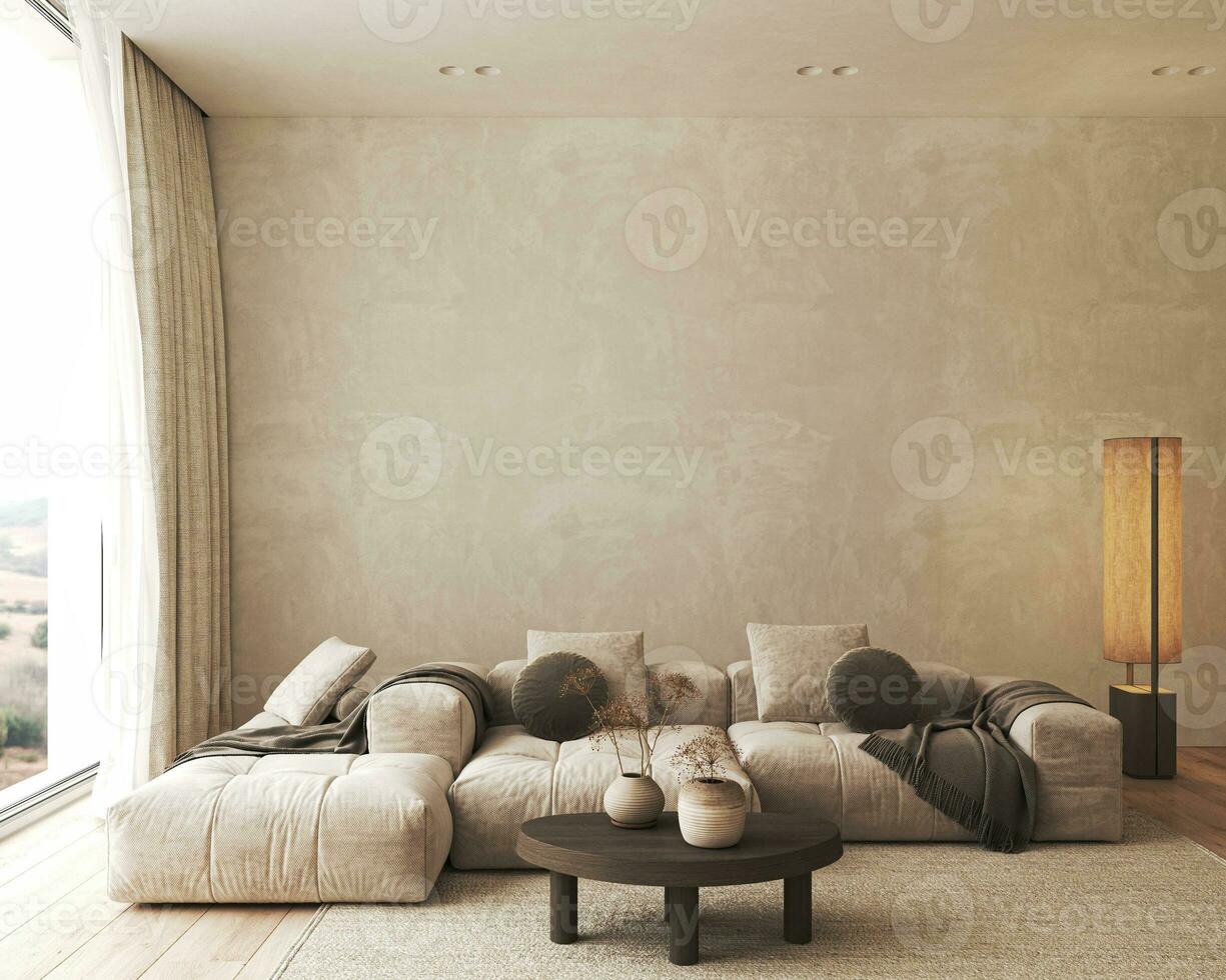 Boho Beige Wohnzimmer mit groß Lampe, Fenster und Sofa Hintergrund. Licht modern Bauernhaus Natur Innere. 3d Wiedergabe. hoch Qualität 3d Illustration foto