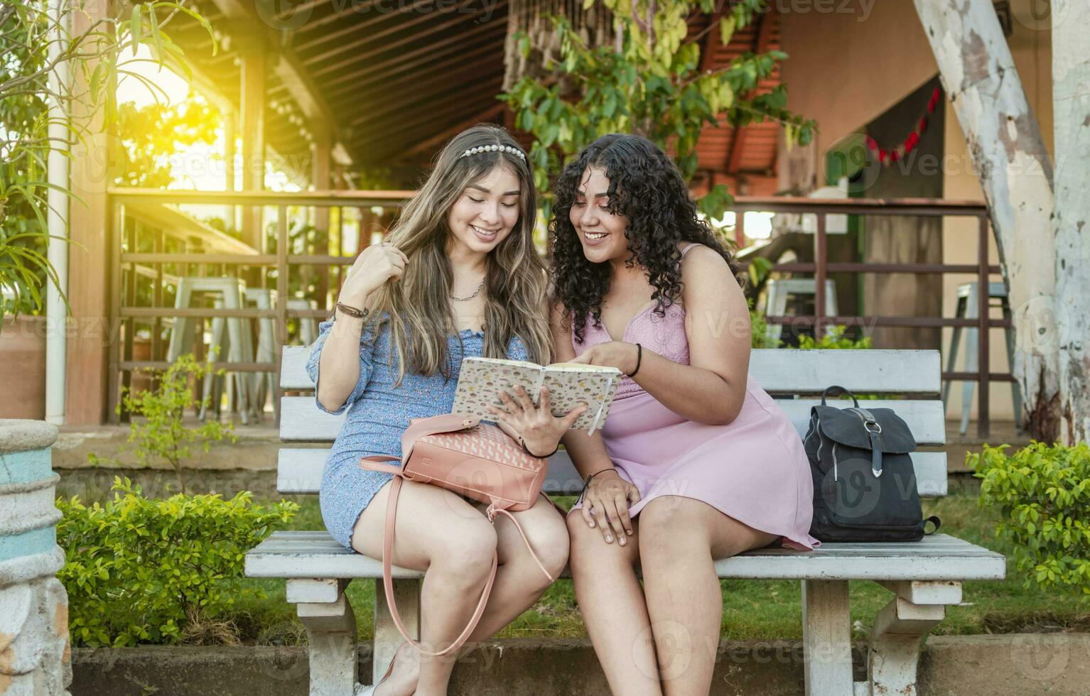 zwei ziemlich Teenager Mädchen lesen ein Buch Sitzung auf ein Bank, zwei lächelnd freunde Sitzung lesen das gleich Buch auf ein Bank draußen, zwei ziemlich Mädchen lesen auf ein Bank draußen foto