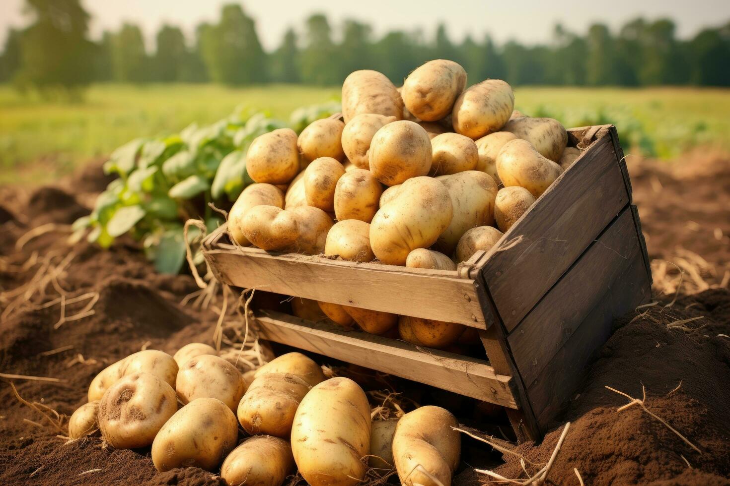 geerntet Kartoffeln im ein hölzern Box auf das Feld. selektiv Fokus. Natur, frisch gepflückt Kartoffeln auf Farmer Feld, gesund organisch produzieren, ai generiert foto