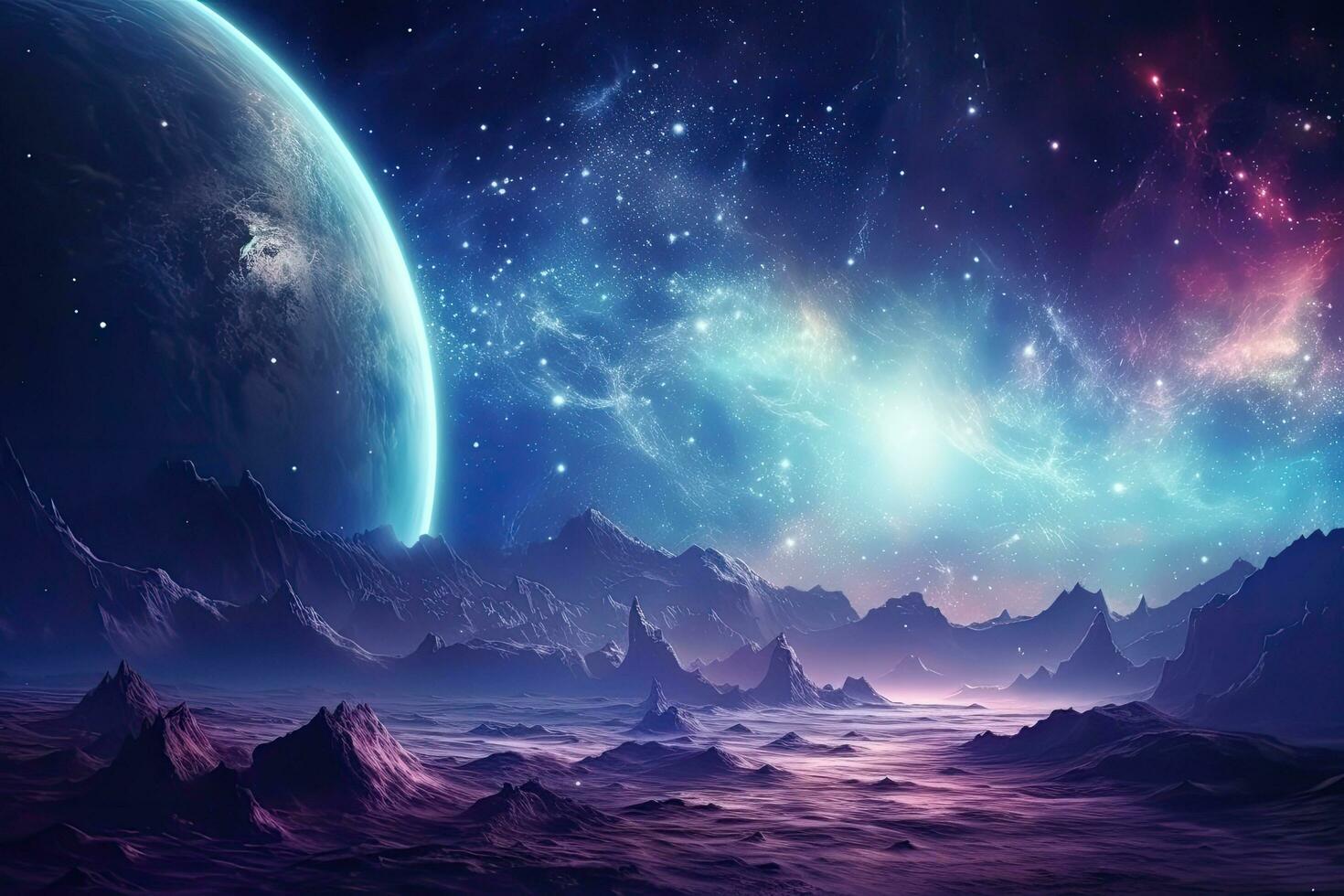 Fantasie Außerirdischer Planet. Berg und Nebel. 3d Illustration, Planeten und Galaxis, Wissenschaft Fiktion Hintergrund. Schönheit von tief Raum, ai generiert foto