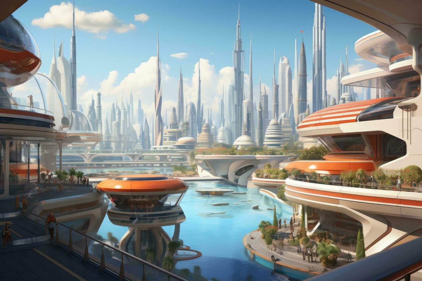 Dubai, vereinigt arabisch Emirate. 3d Wiedergabe. futuristisch Stadt, Panorama- Aussicht von Museum von Zukunft und Emirate Türme Gebäude, ai generiert foto