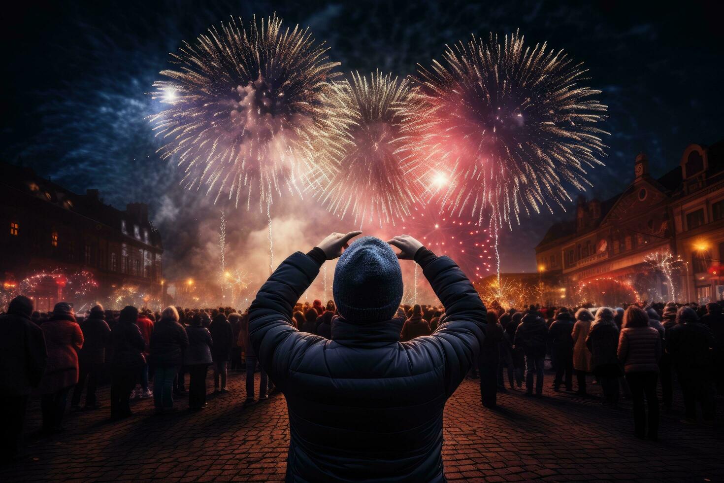 Rückseite Aussicht von ein Mann Aufpassen ein Feuerwerk Anzeige im das Stadt, Neu Jahre Vorabend Feuerwerk Menge Rückseite Aussicht Jubel, ai generiert foto