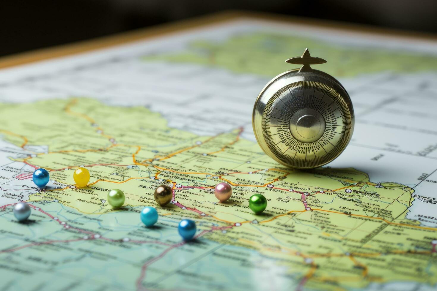 Jahrgang Kompass auf ein Karte von das USA. selektiv Fokus, magnetisch Kompass und Ort Markierung mit ein Stift auf Routen auf Welt Karte, ai generiert foto