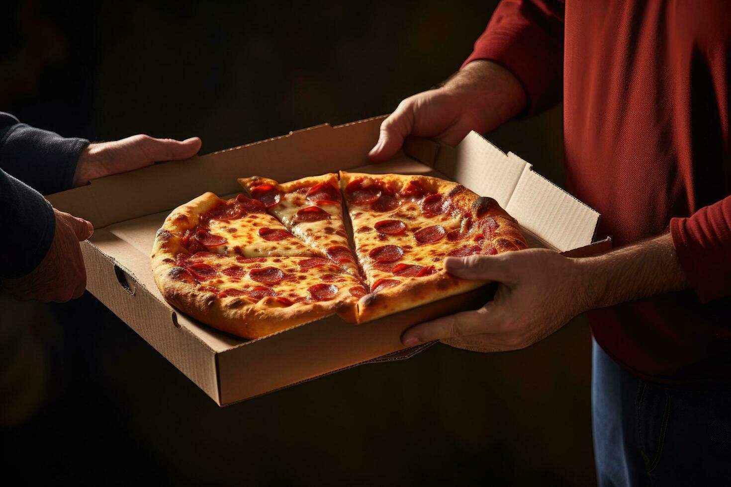 Nahansicht von männlich Hände nehmen Pizza von Karton Box auf dunkel Hintergrund, Mann Lieferung Pizza zu ein Kunde, oben Sektion abgeschnitten, ai generiert foto