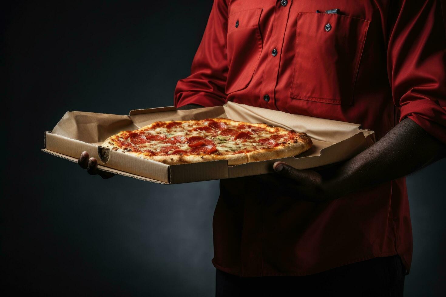 Pizza Lieferung Mann im rot Uniform halten Pizza Box auf schwarz Hintergrund, Mann Lieferung Pizza zu ein Kunde, oben Sektion abgeschnitten, ai generiert foto