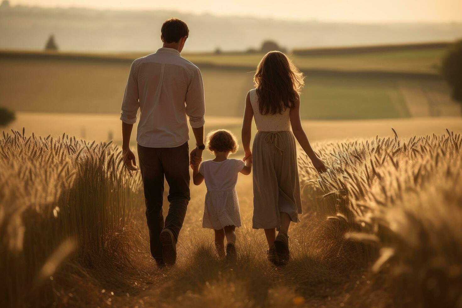 glücklich Familie Gehen im Weizen Feld beim Sonnenuntergang. Vater, Mutter und Tochter, Rückseite Aussicht von Familie Gehen auf Feld Natur Zusammengehörigkeit Konzept, ai generiert foto