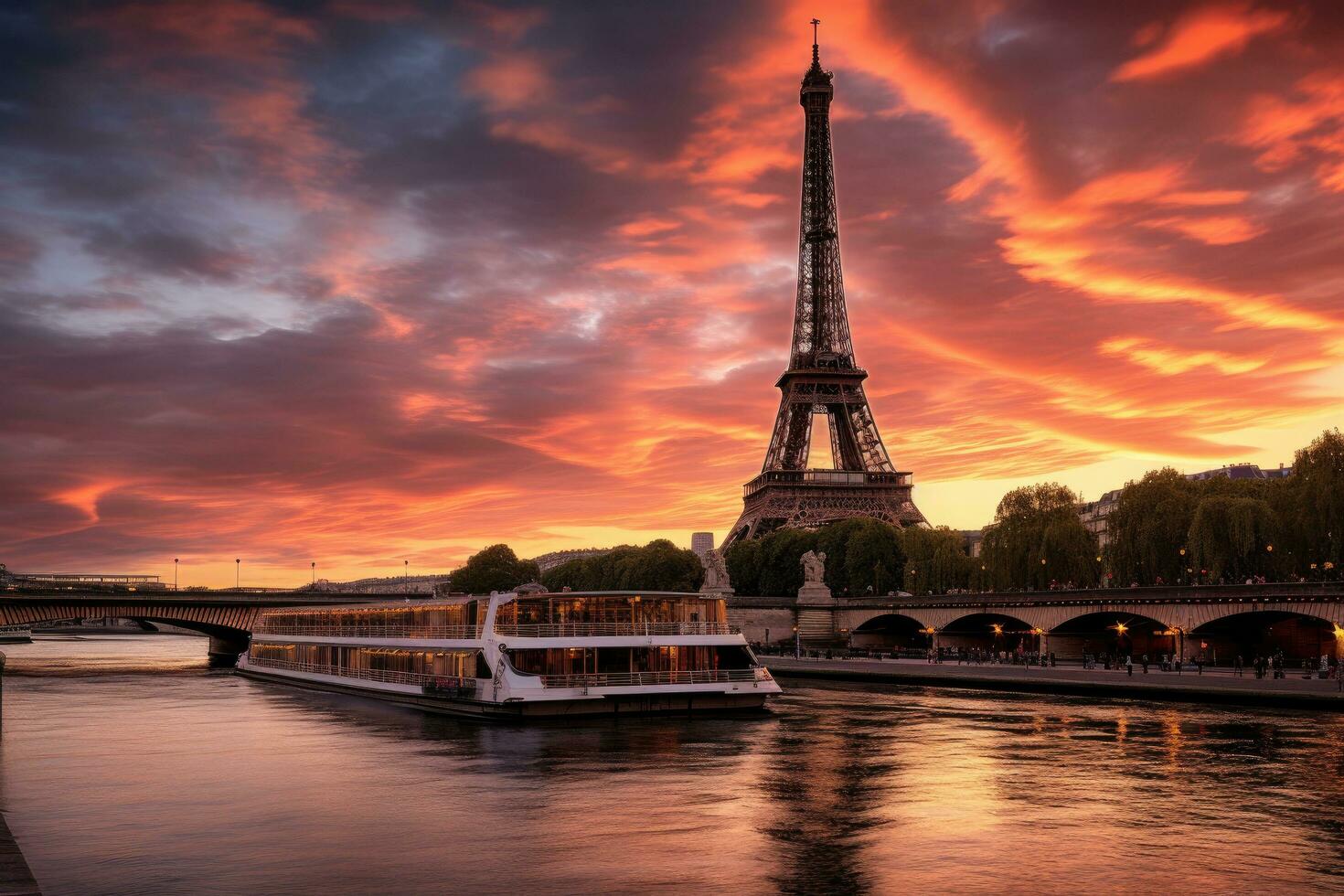 Eiffel Turm und Fluss Seine beim Sonnenuntergang, Paris, Frankreich, das Eiffel Turm und das Seine Fluss beim Sonnenuntergang, ai generiert foto