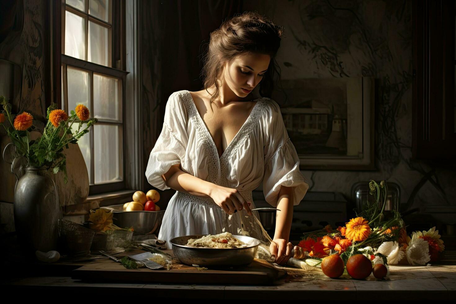 schön jung Frau Kochen Pasta im das Küche beim heim. gesund Essen Konzept, Frau ist vorbereiten richtig Mahlzeit, ai generiert foto