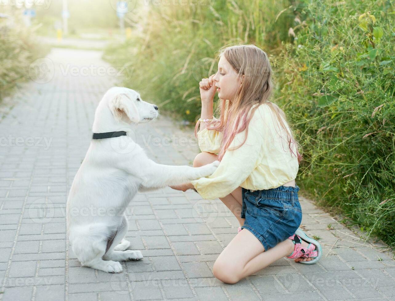 Hündchen Labrador Retriever und wenig Mädchen foto