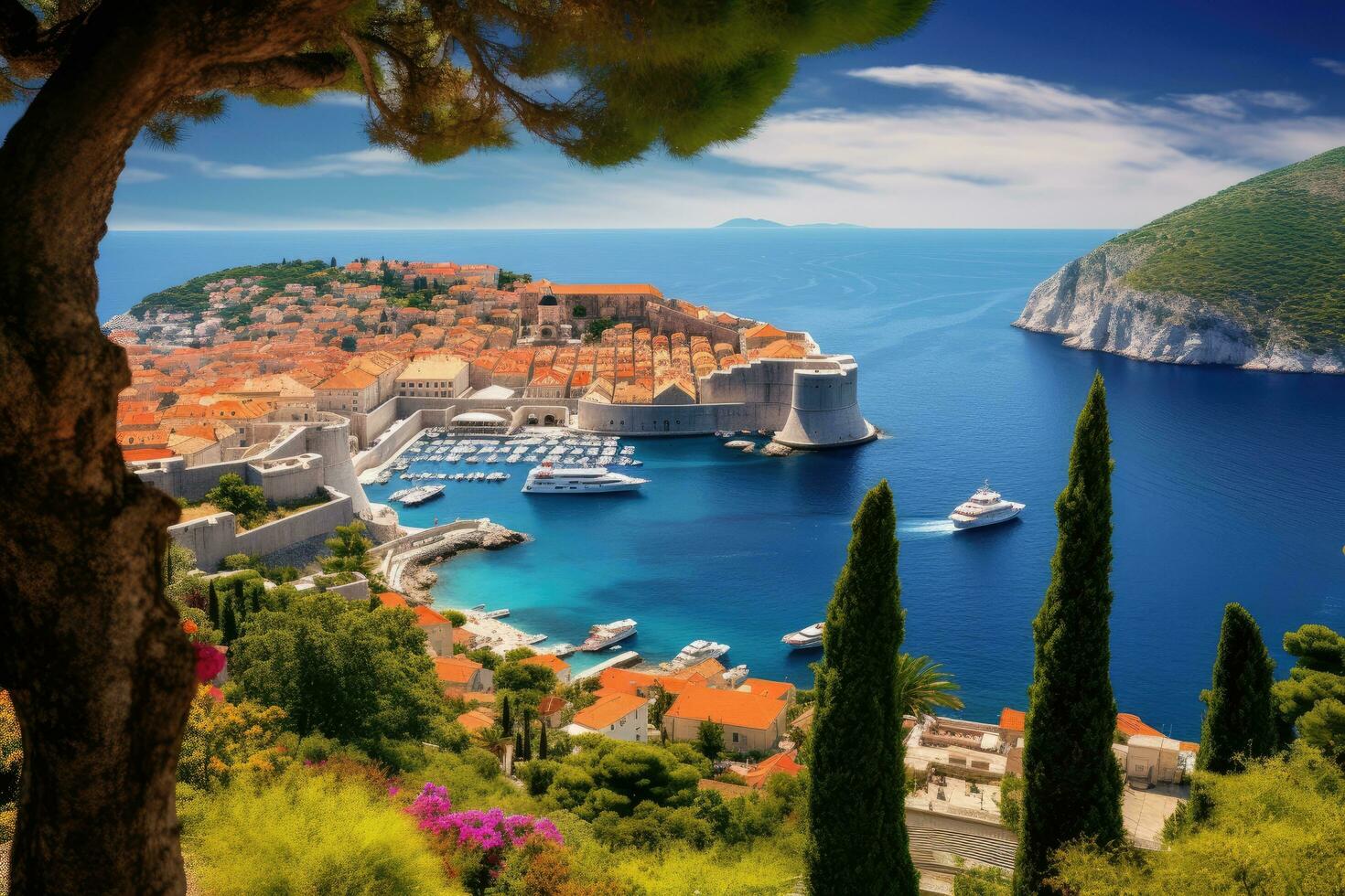 Dubrovnik alt Stadt, Dorf auf das adriatic Meer, Kroatien, historisch Stadt, Dorf von Dubrovnik Panorama- Sicht, ai generiert foto