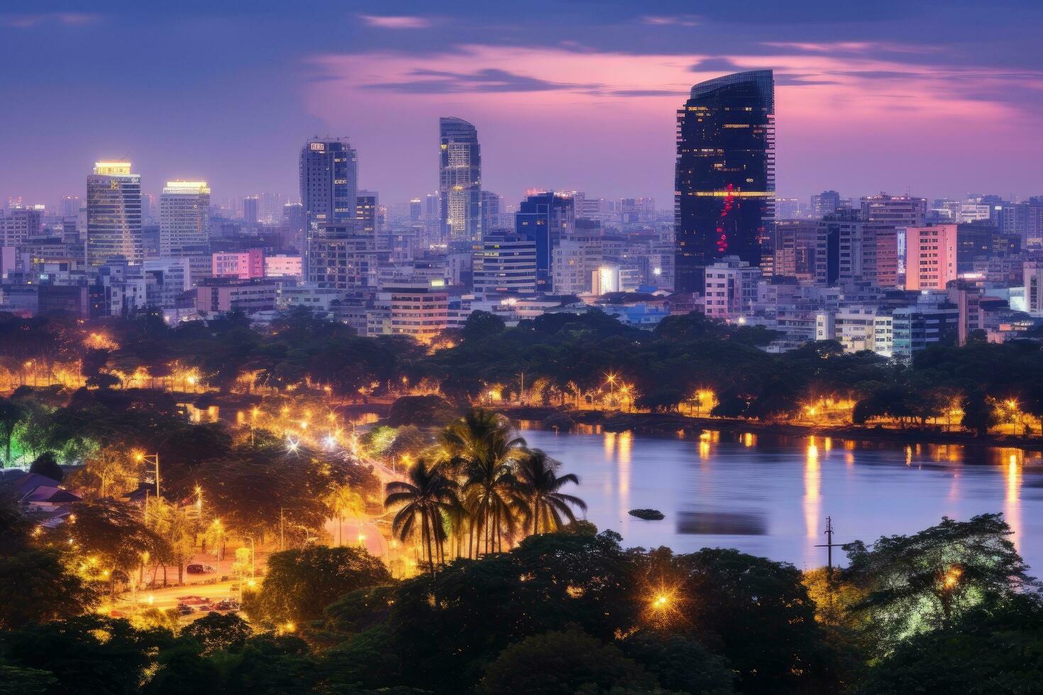 Bangkok Stadtbild beim Dämmerung Zeit, Thailand. Panorama- Sicht, Hanoi Horizont Stadtbild beim Dämmerung Zeitraum. denn giay Park, Westen von Hanoi, ai generiert foto