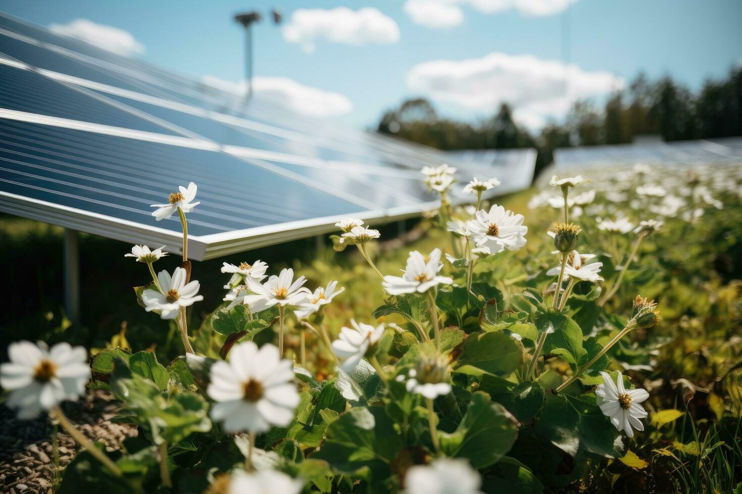 Photovoltaik Paneele und Weiß Blumen im das Wiese, wild Blumen im Vorderseite von Solar- Paneele auf ein Feld, ai generiert foto