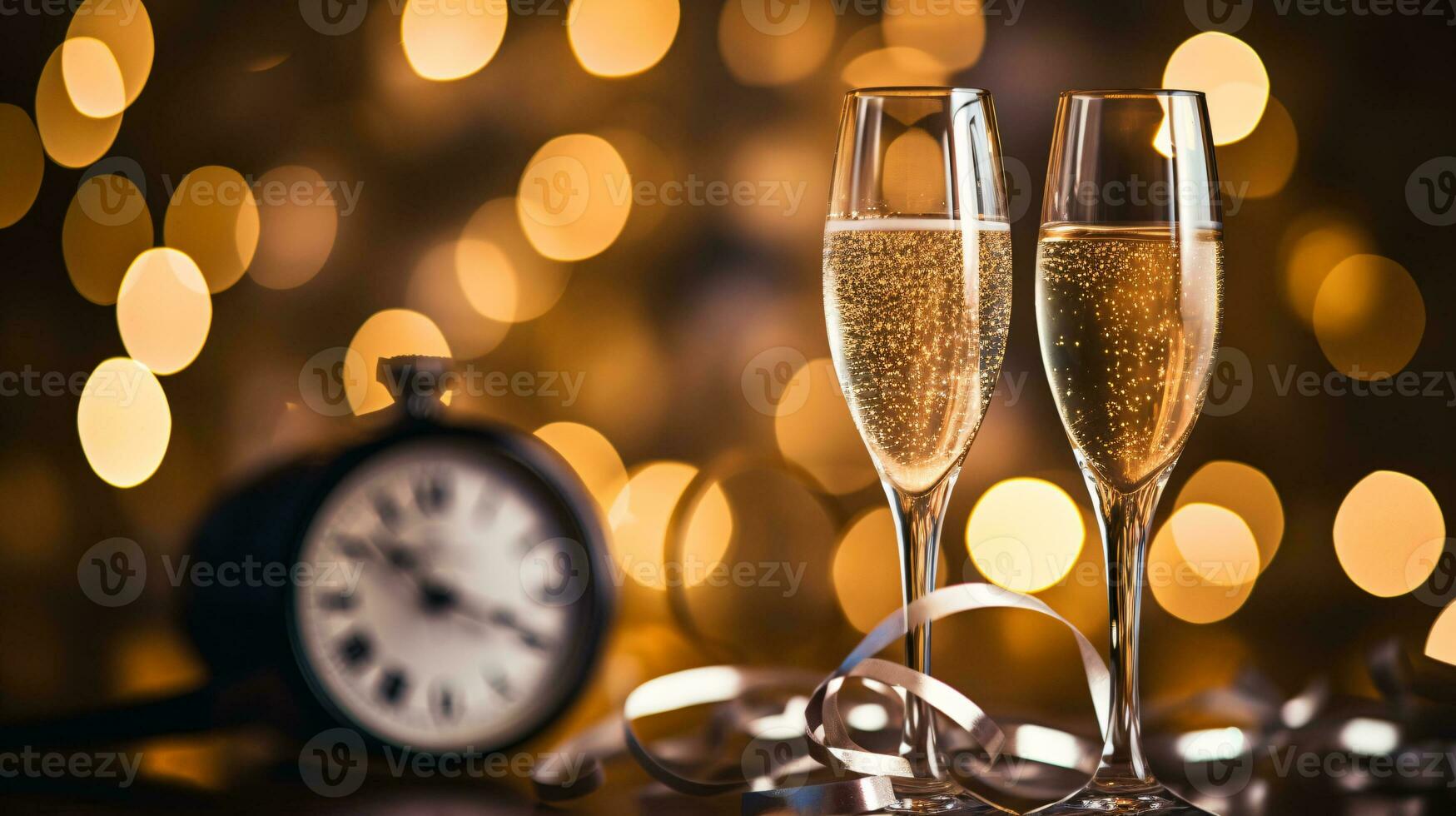 ai generativ Neu Jahre Vorabend Champagner mit Bokeh Licht und Uhr foto