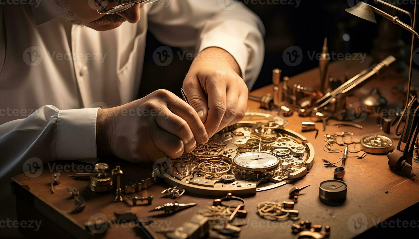 ein Mann ist Arbeiten auf ein Uhr im ein Werkstatt ai generiert foto