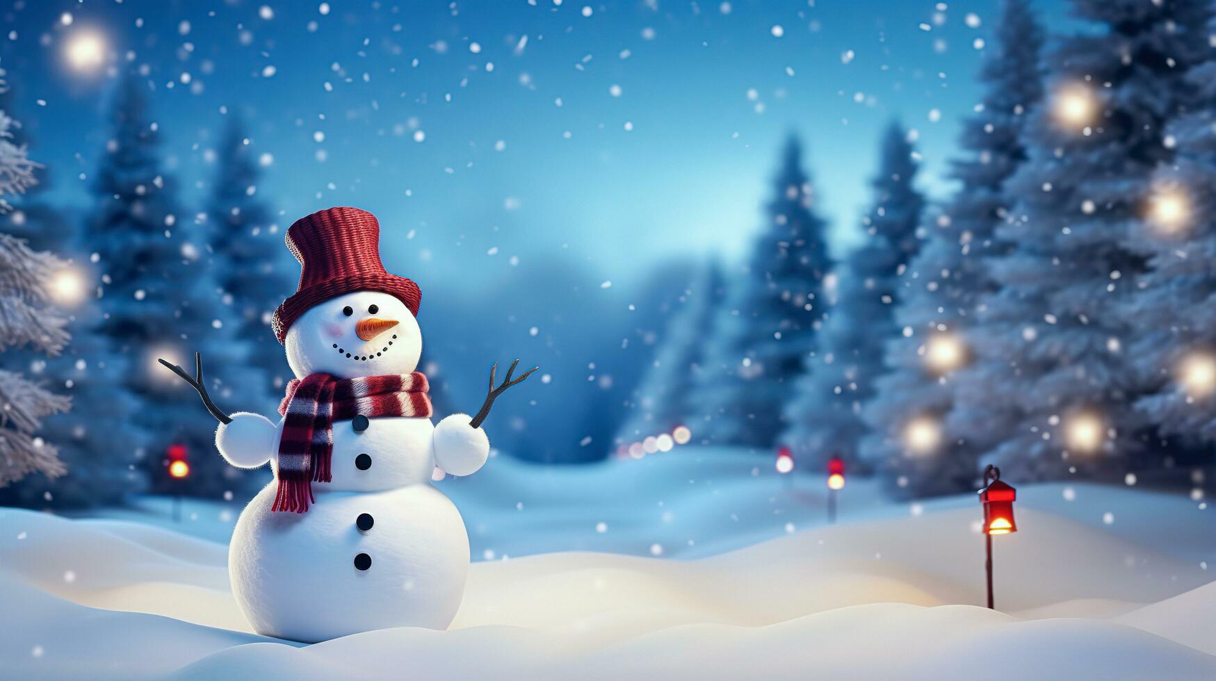 glücklich Schneemann Stehen im Weihnachten Landschaft mit Kopieren Raum. generativ ai. foto