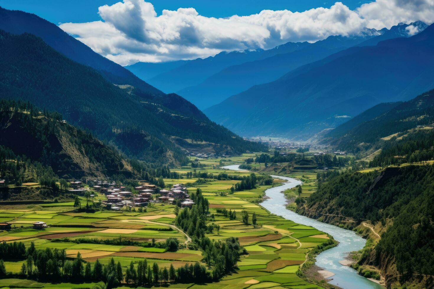 Berg Landschaft mit Dorf und Fluss im Himalaya, Nepal, Panorama Aussicht von paro Schlucht, Bhutan, ai generiert foto