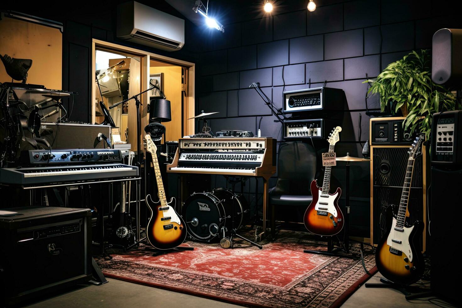 Innere von ein Aufzeichnung Studio mit elektrisch Gitarren und andere Instrumente, Innen- Aufzeichnung Studio mit Gitarren Verstärker und Klaviere, ai generiert foto