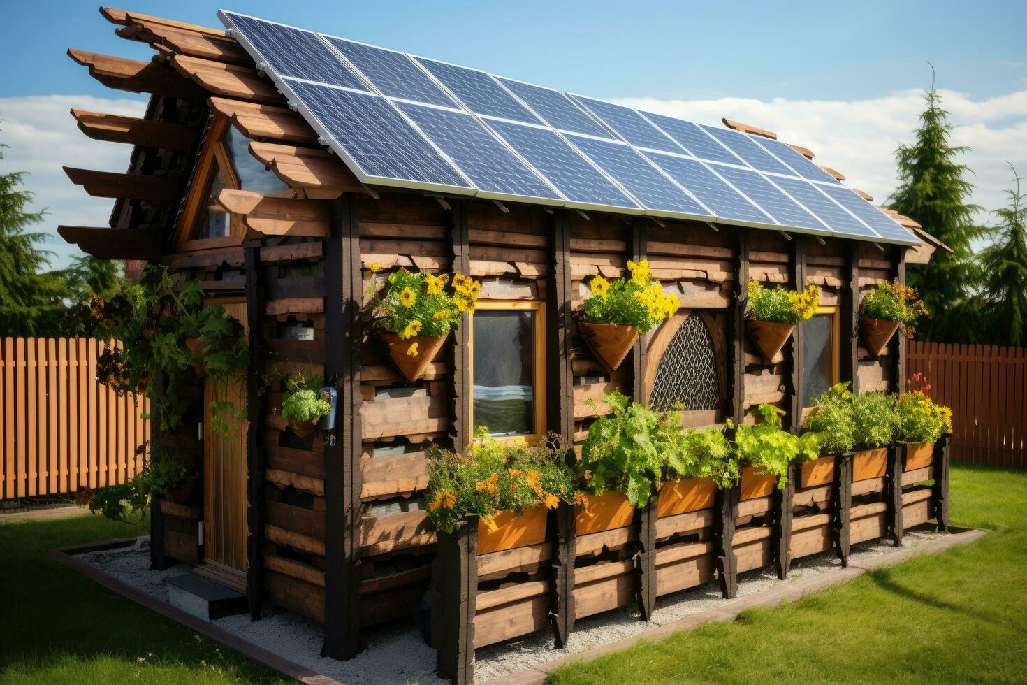 hölzern Haus mit Solar- Paneele auf Dach. Alternative Energie Quelle, Haus Zaun gemacht von Solar- Tafeln, ai generiert foto