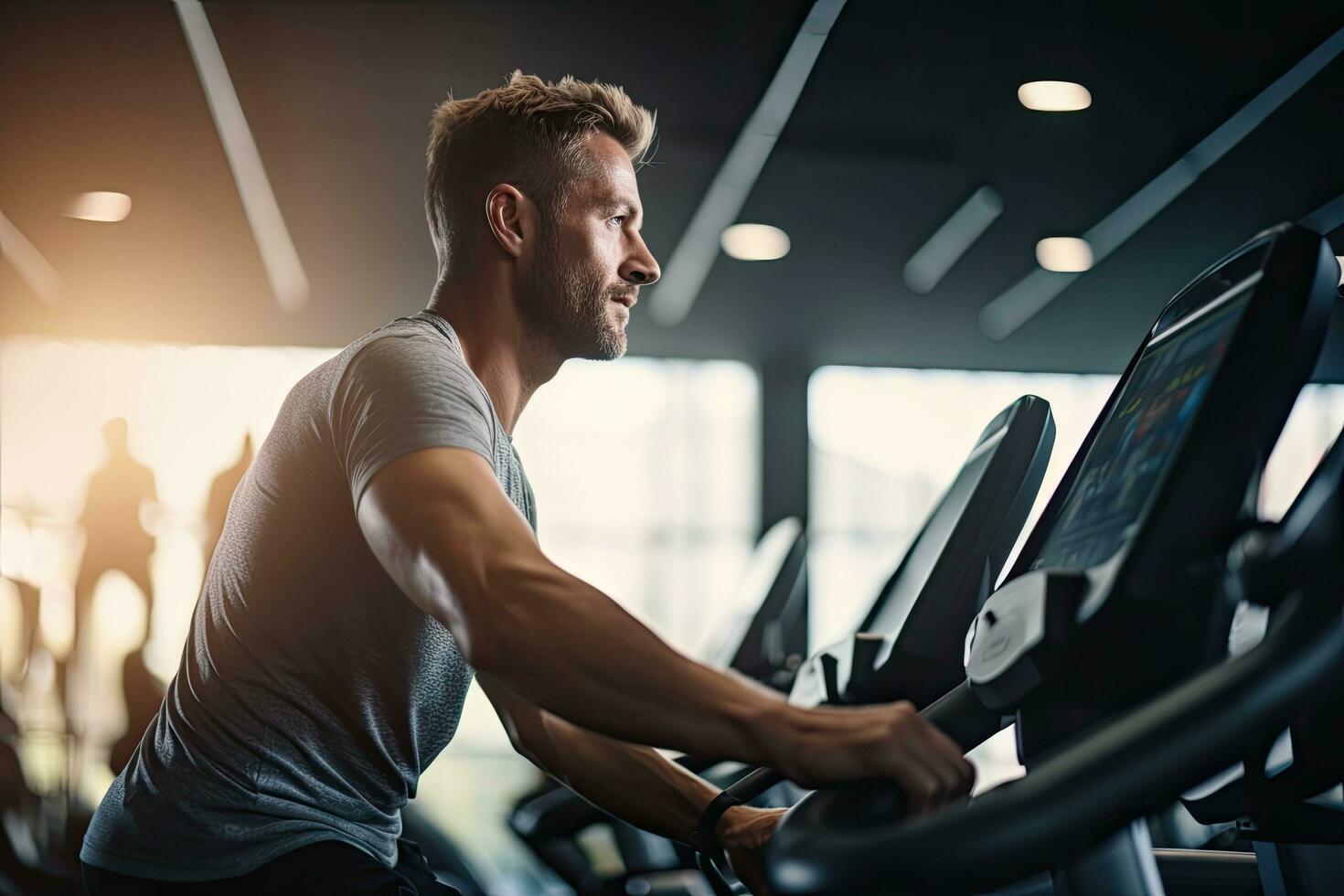 Seite Aussicht von gut aussehend jung Mann Arbeiten aus auf ein Laufband im ein Fitnessstudio, Mann Arbeiten auf Fitness Maschine beim das Fitnessstudio, oben Sektion abgeschnitten, ai generiert foto