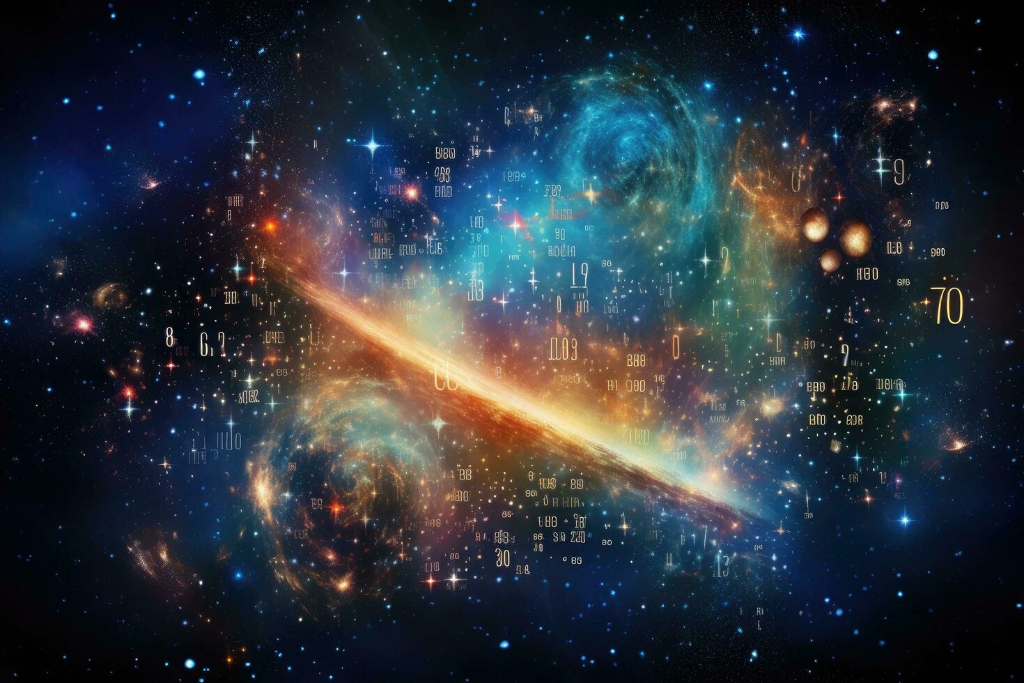 futuristisch Raum Hintergrund mit Sterne, Nebel und Galaxien, mathematisch und physisch Formeln gegen das Hintergrund von ein Galaxis im Universum. Raum Hintergrund auf das Thema, ai generiert foto