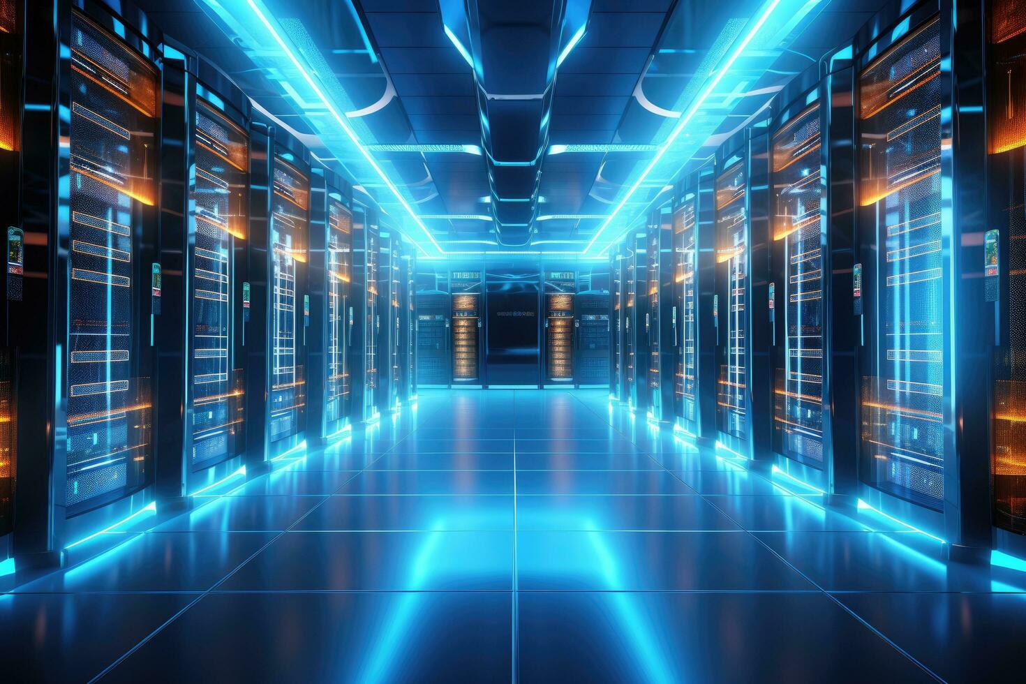 3d Rendern von ein Server Zimmer mit Blau Beleuchtung im das Hintergrund, Server Zimmer im Daten Center. 3d Wiedergabe. Computer Digital Bild, ai generiert foto