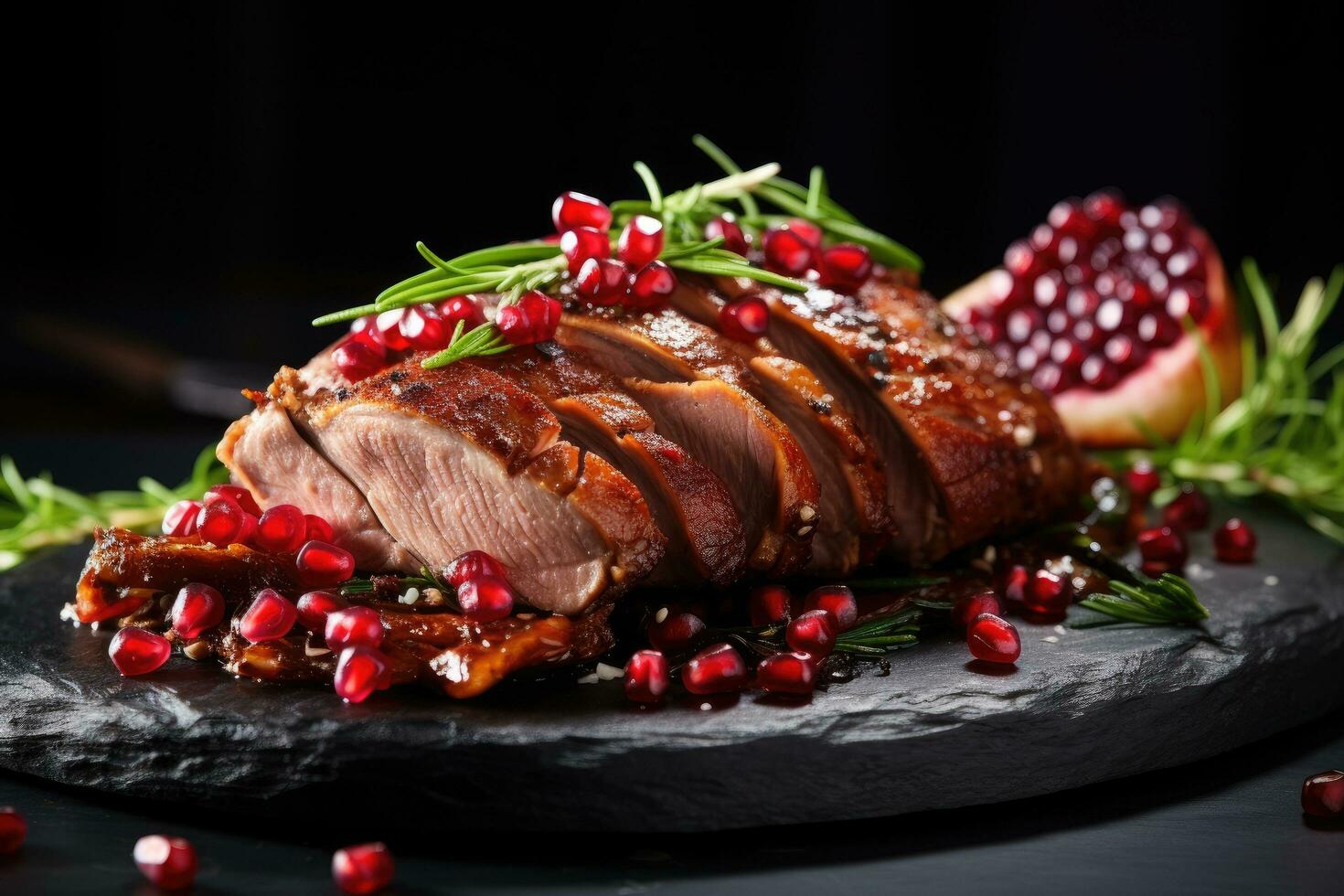 geröstet Ente Brust mit Granatapfel und Rosmarin auf schwarz Hintergrund, geröstet Ente Filet mit Granatapfel Saat und Kräuter, ai generiert foto