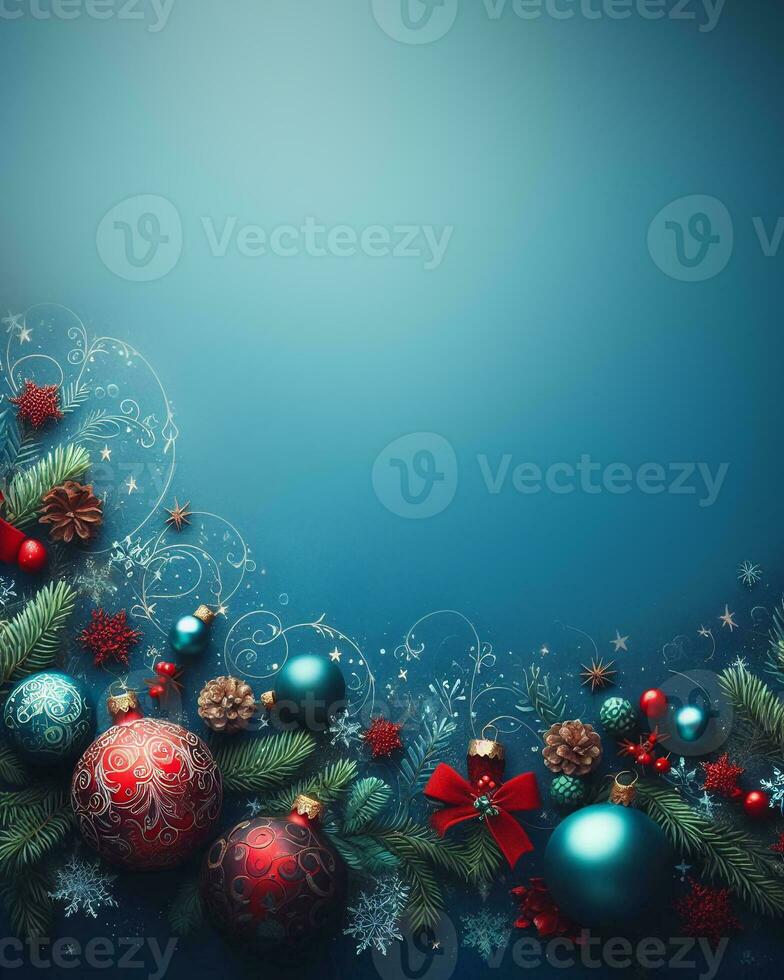 Blau Weihnachten Hintergrund mit Bälle und Tanne Zweig, Dekorationen und Schneeflocken, Weihnachten Schöne Grüße Attrappe, Lehrmodell, Simulation. ai generativ foto