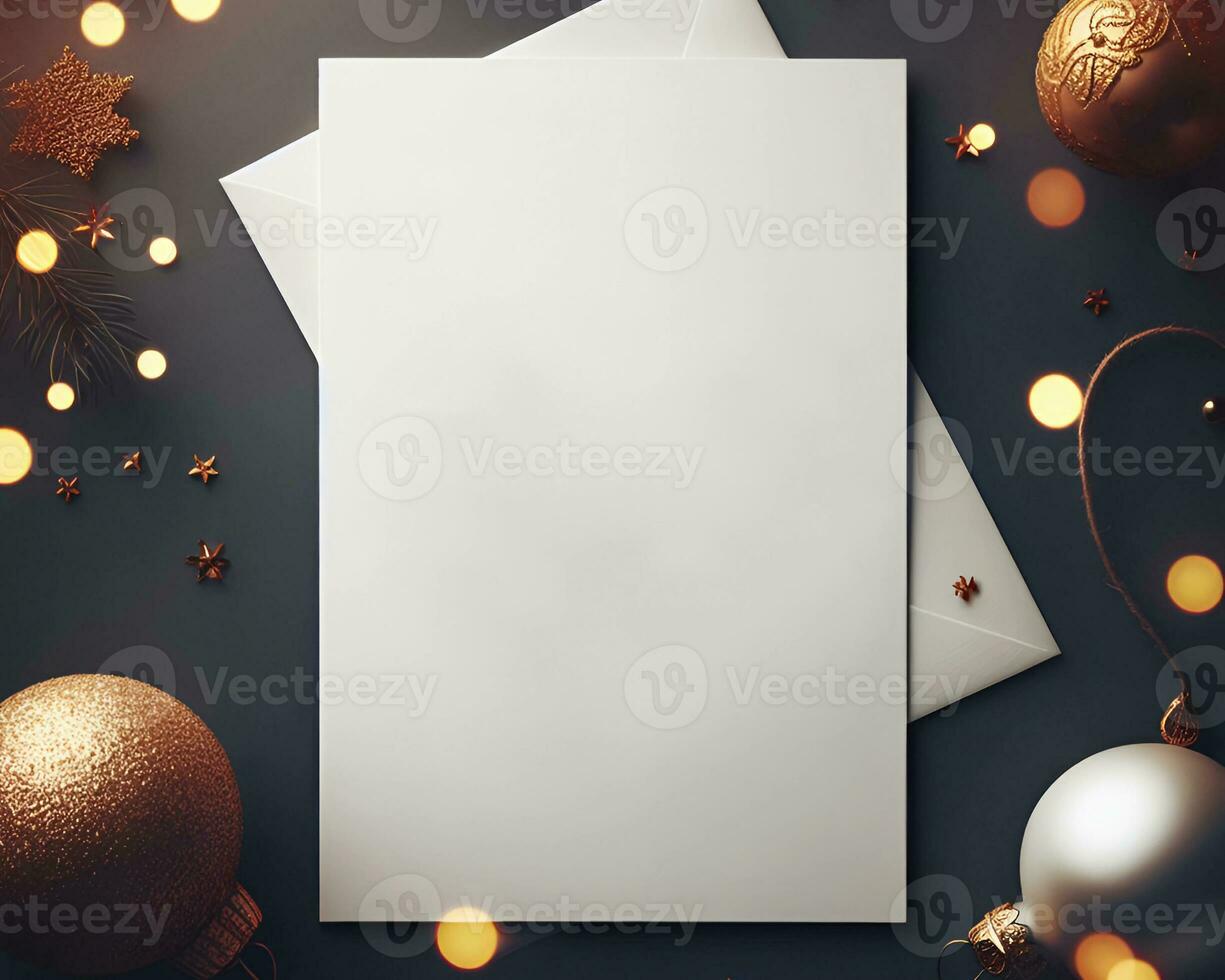 leer Weiß Papier auf grau Hintergrund mit Weihnachten Ornamente um Es. ai generativ foto