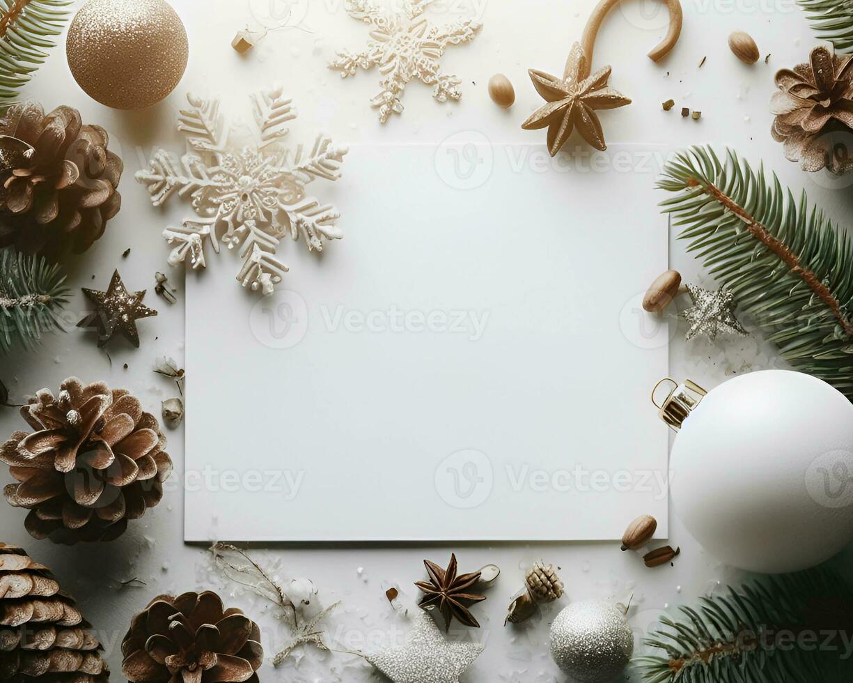 leer Weiß Papier auf Weiß Hintergrund mit Weihnachten Ornamente um Es. ai generativ foto