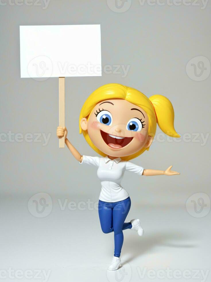 ein 3d Spielzeug glücklich Karikatur Frau halten Plakat auf ein Weiß Hintergrund. ai generiert foto