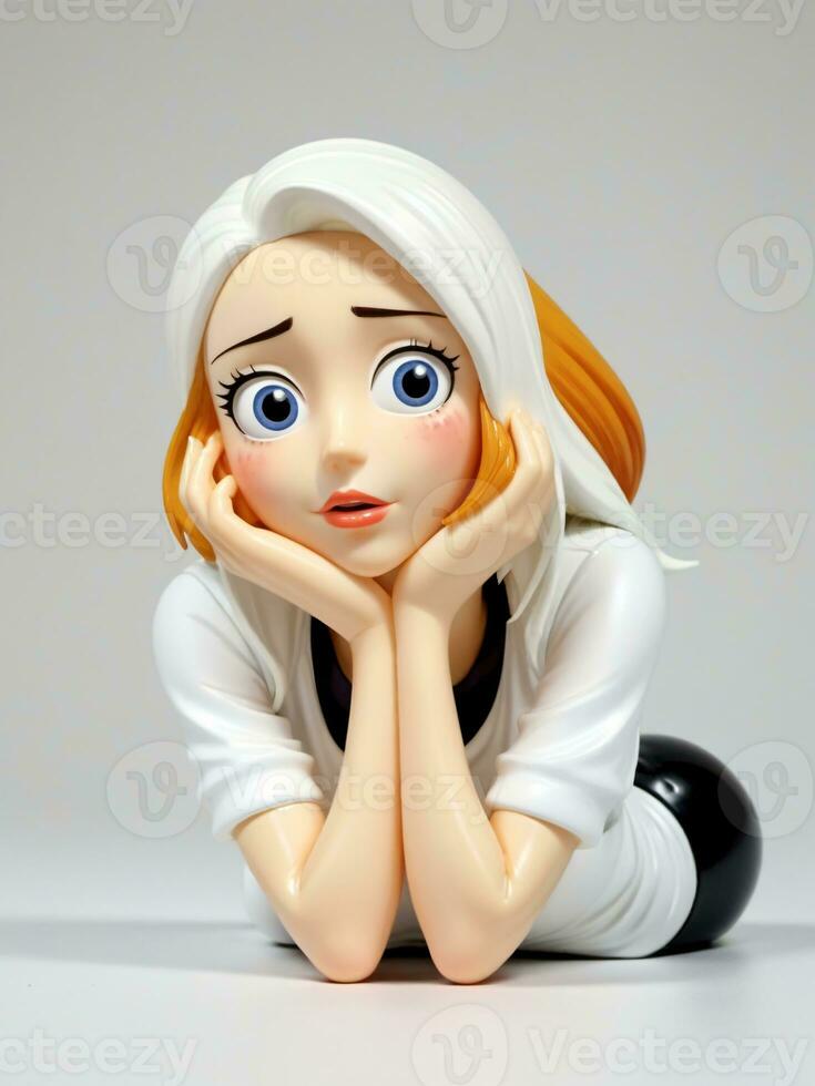 ein 3d Spielzeug erschöpft Karikatur Frau gelehnt auf ihr Schreibtisch auf ein Weiß Hintergrund. ai generiert foto