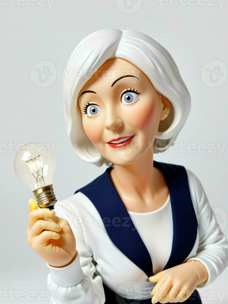 ein 3d Spielzeug Senior Frau suchen beim Licht Birne auf ein Weiß Hintergrund. ai generiert foto