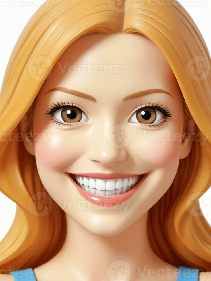 ein 3d Spielzeug geschmeichelt Karikatur Frau lächelnd auf ein Weiß Hintergrund. ai generiert foto