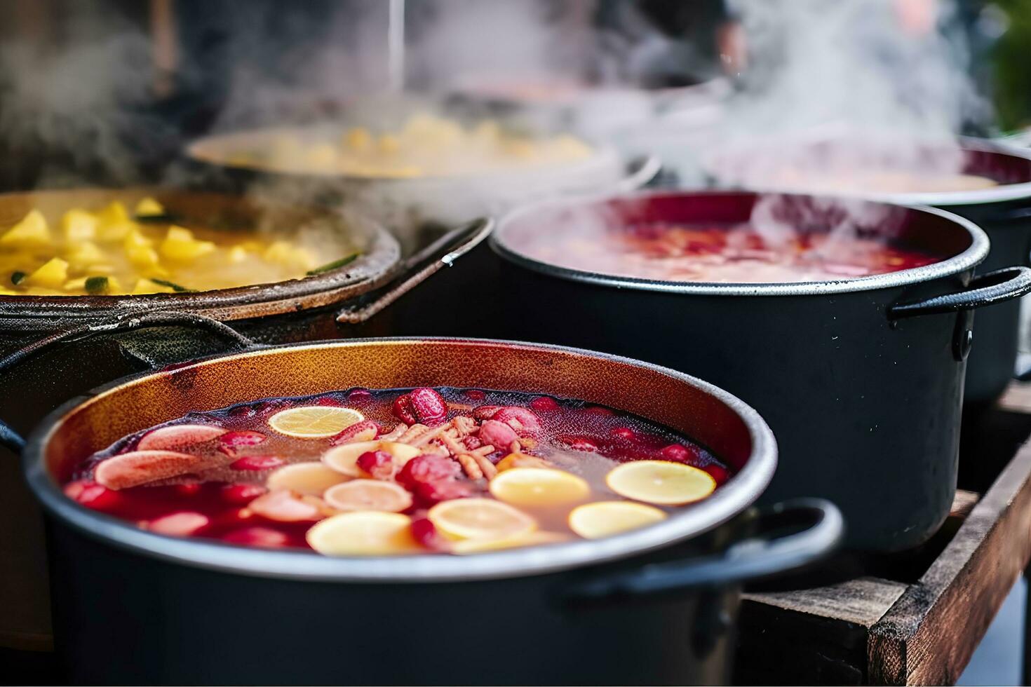 Getränke Früchte und Beeren heiß überlegte Wein im Töpfe mit Dampf im Straße Essen Markt. generativ ai foto