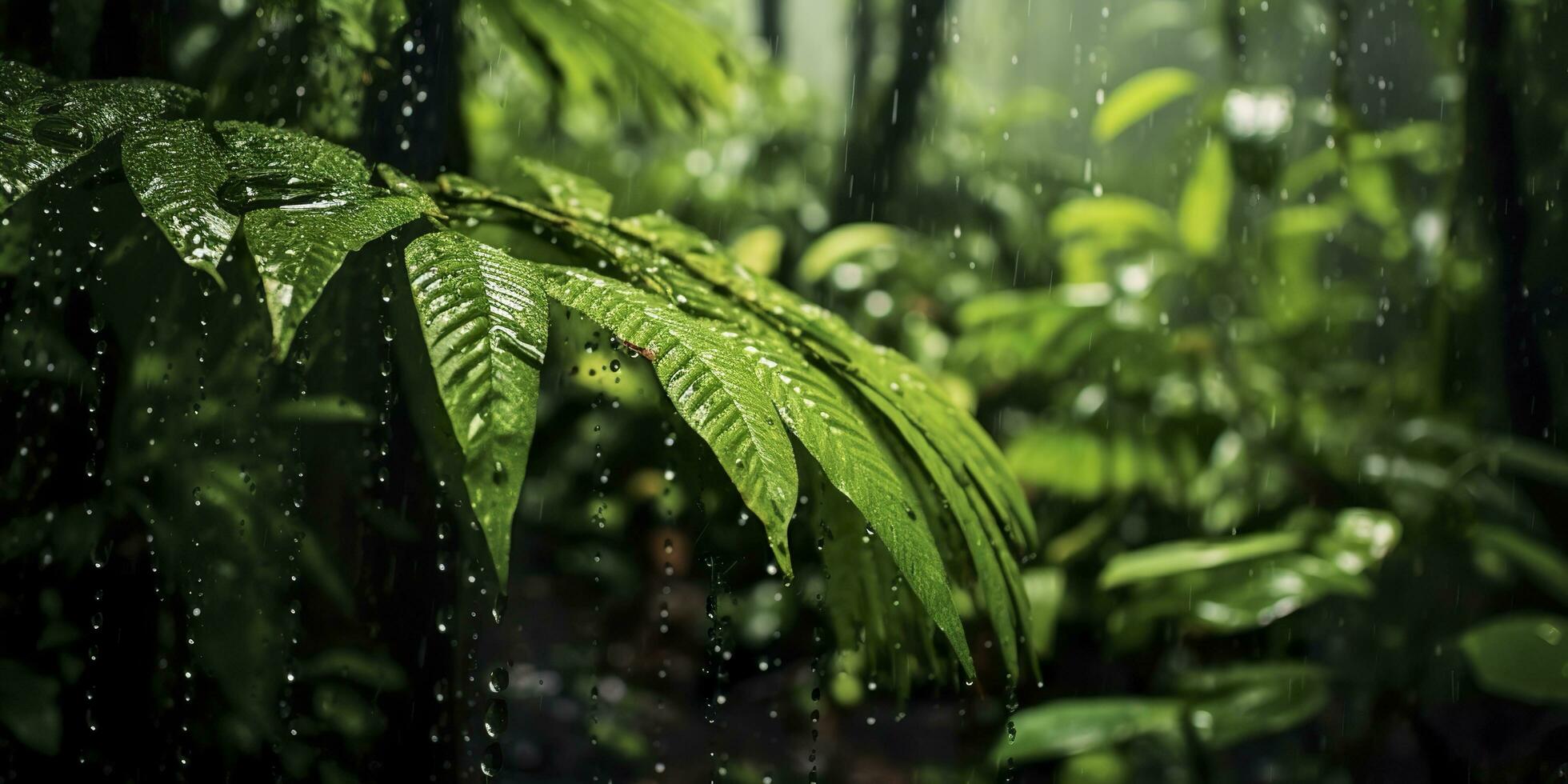 Regen Stürze im ein Regenwald mit das Regen Tropfen. generativ ai foto