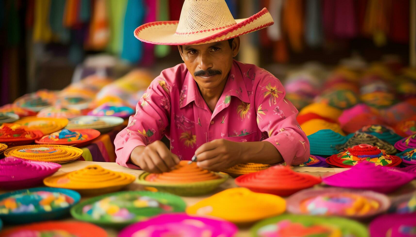 ein Mann im ein bunt Hut ist Arbeiten auf ein Hut ai generiert foto