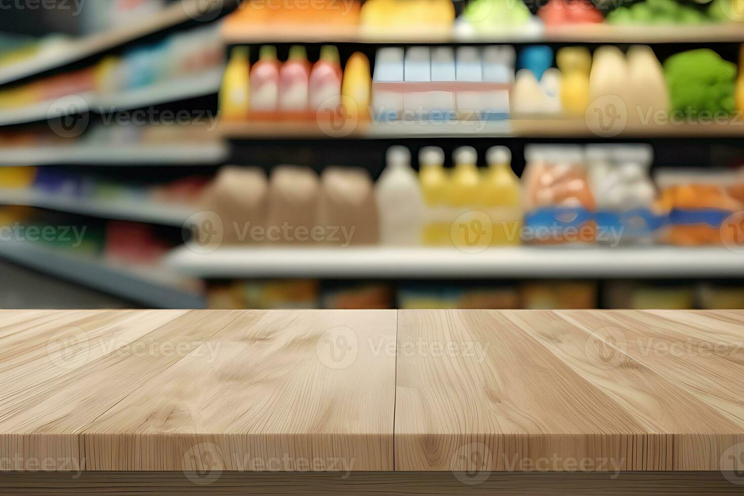 Holz Tabelle Produkt Präsentation mit Markt Hintergrund durch ai generativ foto