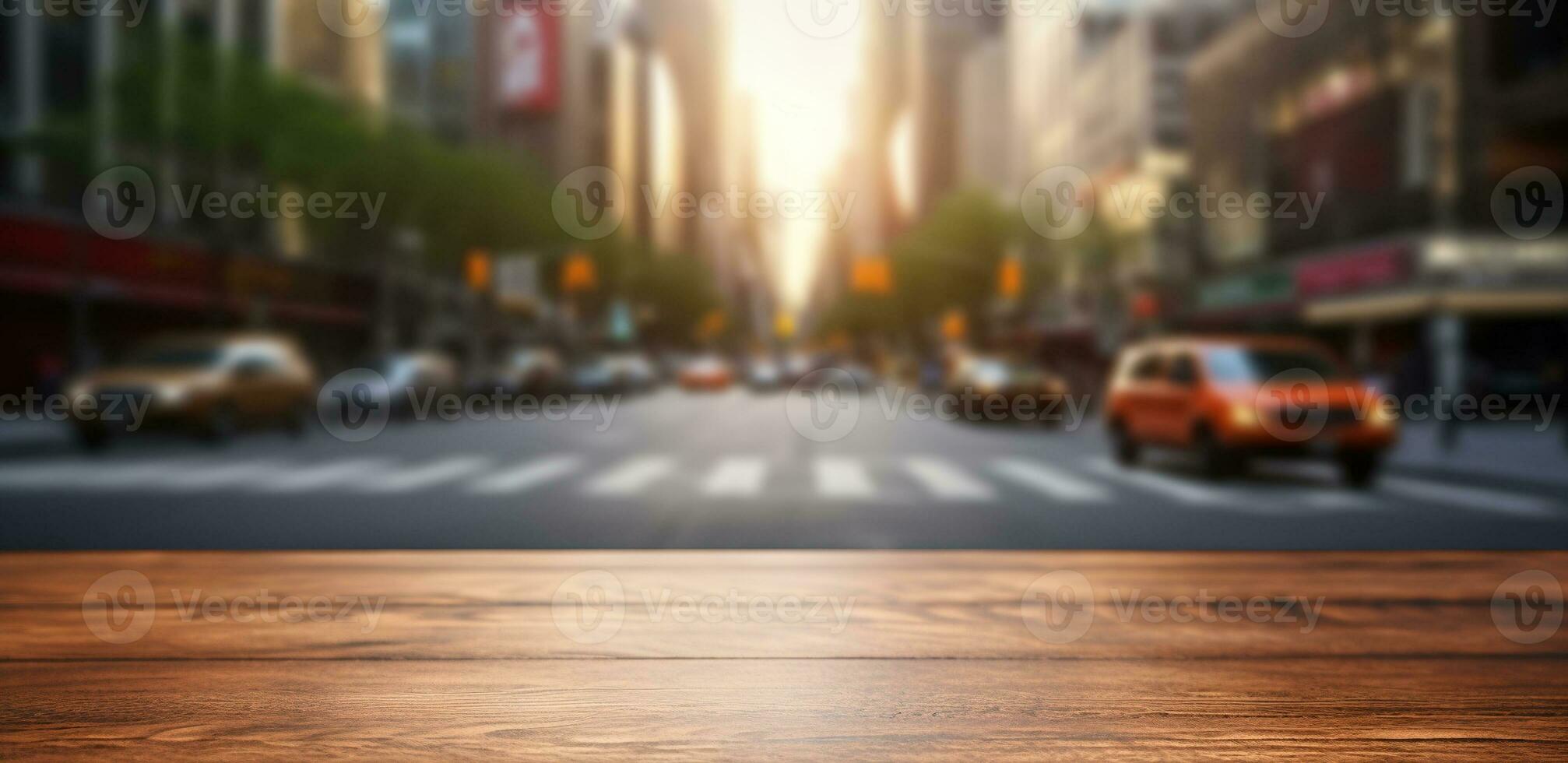 generativ ai, leeren hölzern Tabelle oben mit verwischen Hintergrund von ein beschäftigt Straße, groß Stadt foto