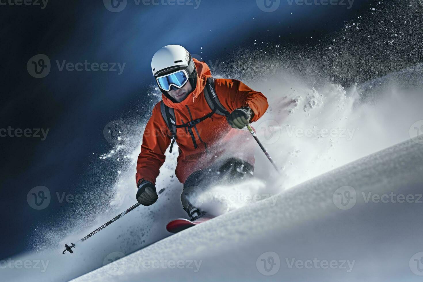 Skifahrer Skifahren auf Berg Neigung. ai generiert foto