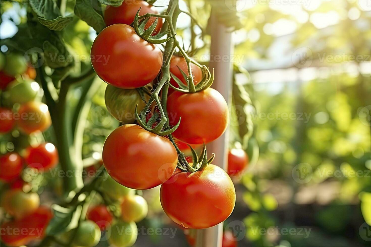 frisch Bündel von rot natürlich Tomaten auf ein Ast im Gemüse Garten. ai generiert foto