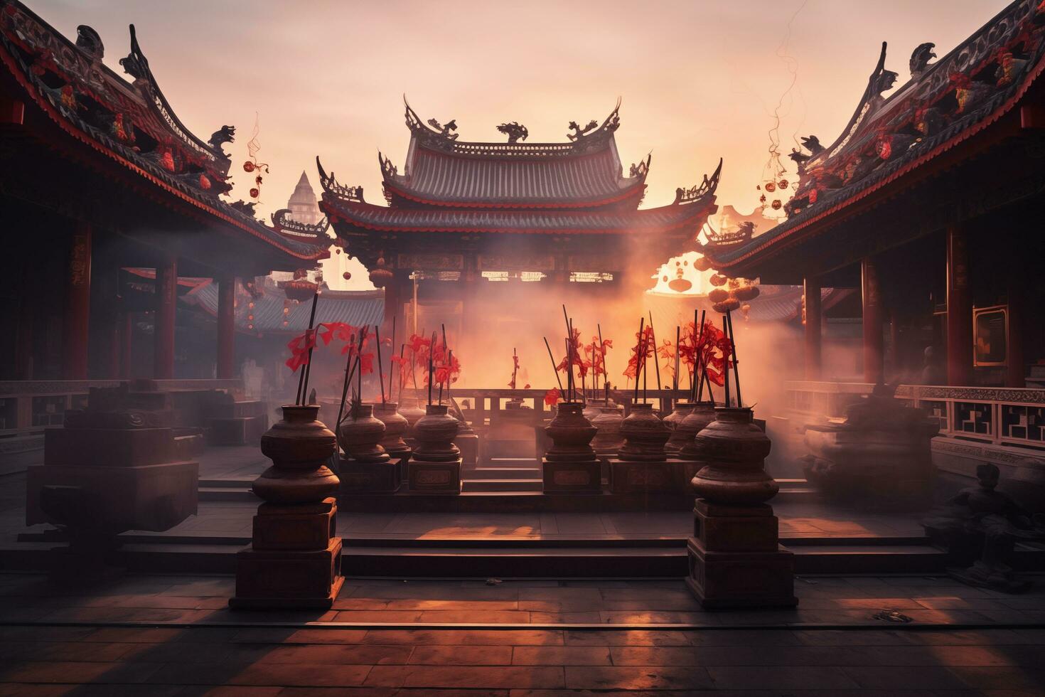 Chinesisch Tempel wann Mond- Neu Jahr im das Nachmittag Rahmen generativ ai foto